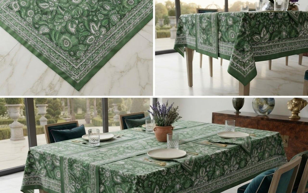 Hand Block Printed Green & White Table Linen Set – Table Cover, Runner, Placemats & Napkins | Tablecloth (Copy)