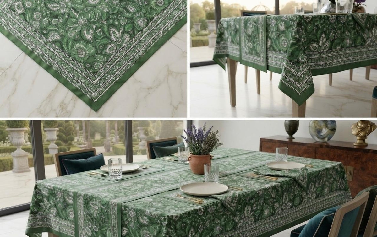 Hand Block Printed Green & White Table Linen Set – Table Cover, Runner, Placemats & Napkins | Tablecloth (Copy)
