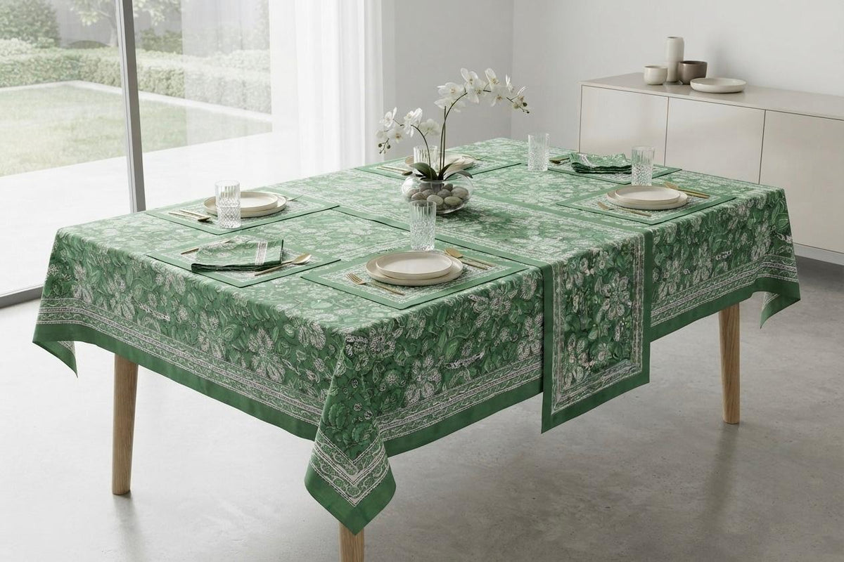 Hand Block Printed Green & White Table Linen Set – Table Cover, Runner, Placemats & Napkins | Tablecloth (Copy)
