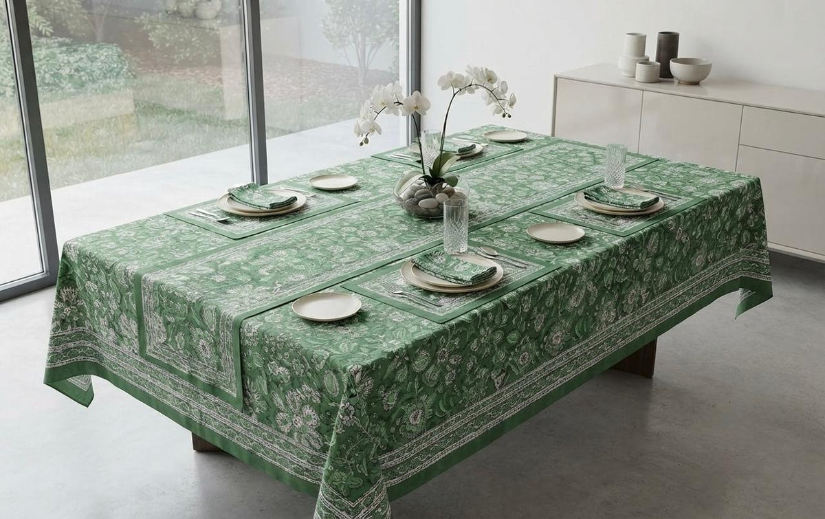 Hand Block Printed Green & White Table Linen Set – Table Cover, Runner, Placemats & Napkins | Tablecloth (Copy)