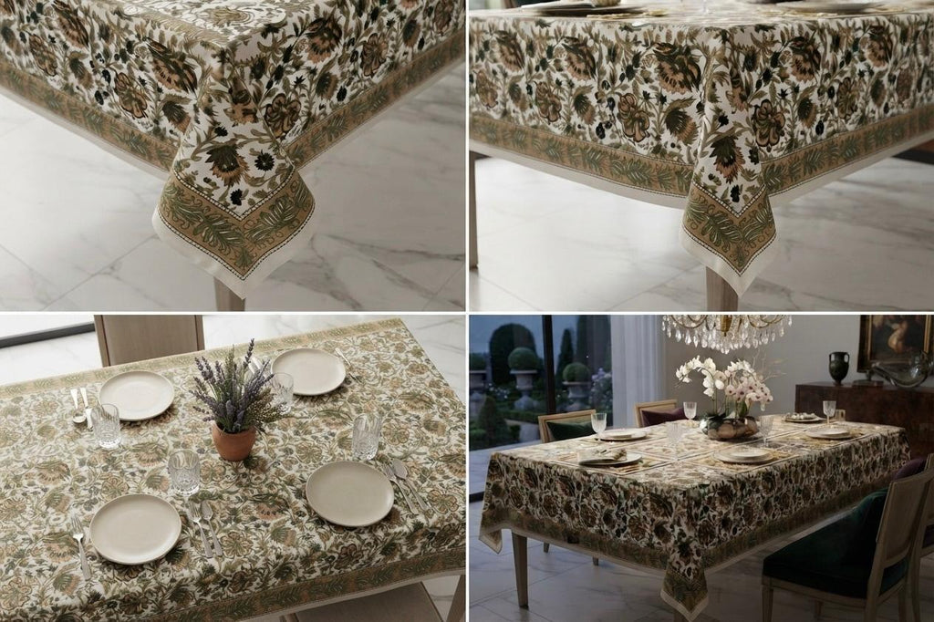 Hand Block Printed Brown & Green Table Linen Set – Table Cover, Runner, Placemats & Napkins | Tablecloth