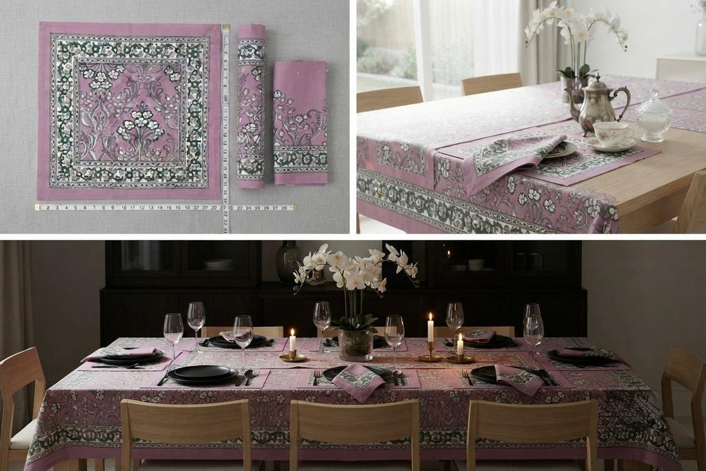 Hand Block Printed Pink & Green Table Linen Set – Table Cover, Runner, Placemats & Napkins | Tablecloth