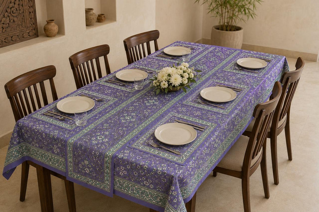 Hand Block Printed Purple & Blue Table Linen Set – Table Cover, Runner, Placemats & Napkins | Tablecloth