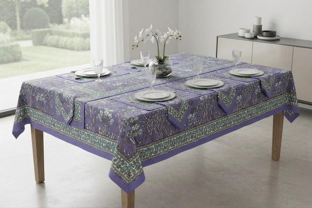 Hand Block Printed Purple & Blue Table Linen Set – Table Cover, Runner, Placemats & Napkins | Tablecloth