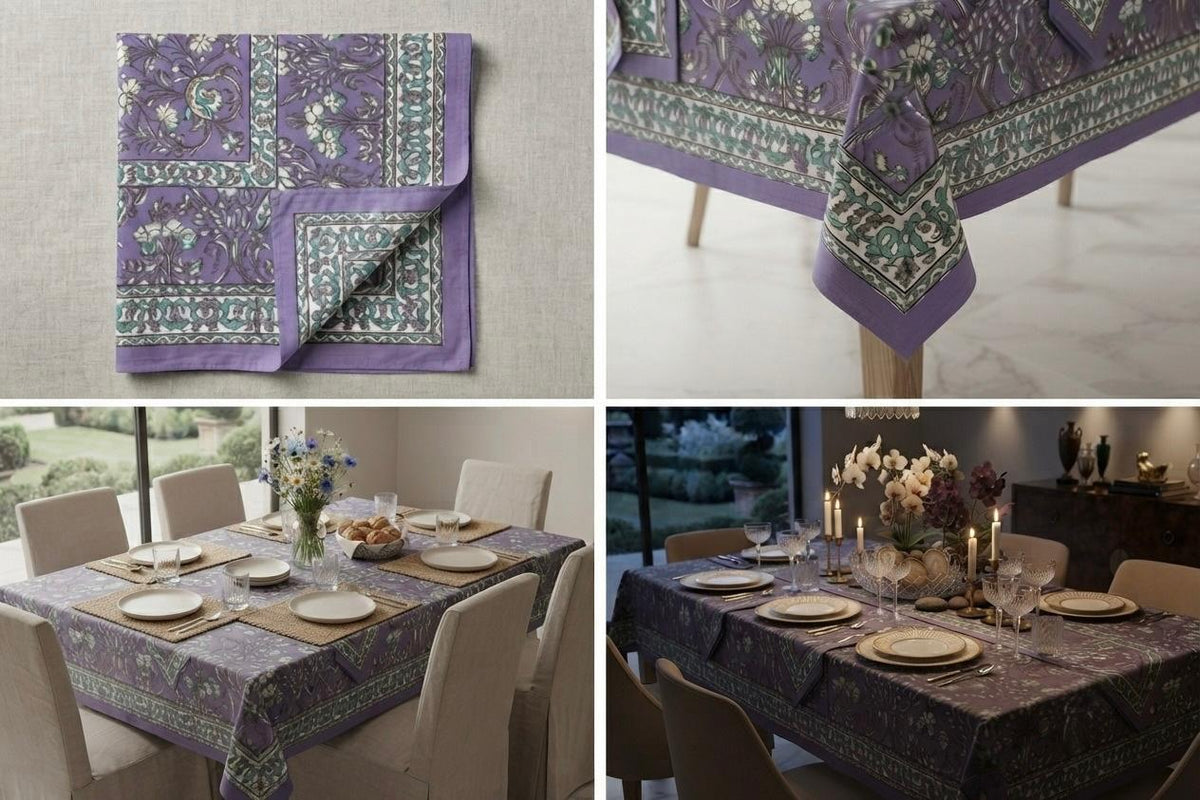 Hand Block Printed Purple & Blue Table Linen Set – Table Cover, Runner, Placemats & Napkins | Tablecloth