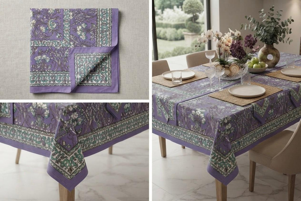 Hand Block Printed Purple & Blue Table Linen Set – Table Cover, Runner, Placemats & Napkins | Tablecloth