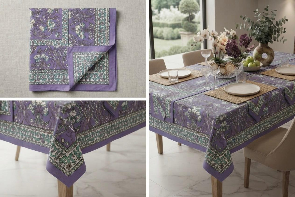 Hand Block Printed Purple & Blue Table Linen Set – Table Cover, Runner, Placemats & Napkins | Tablecloth