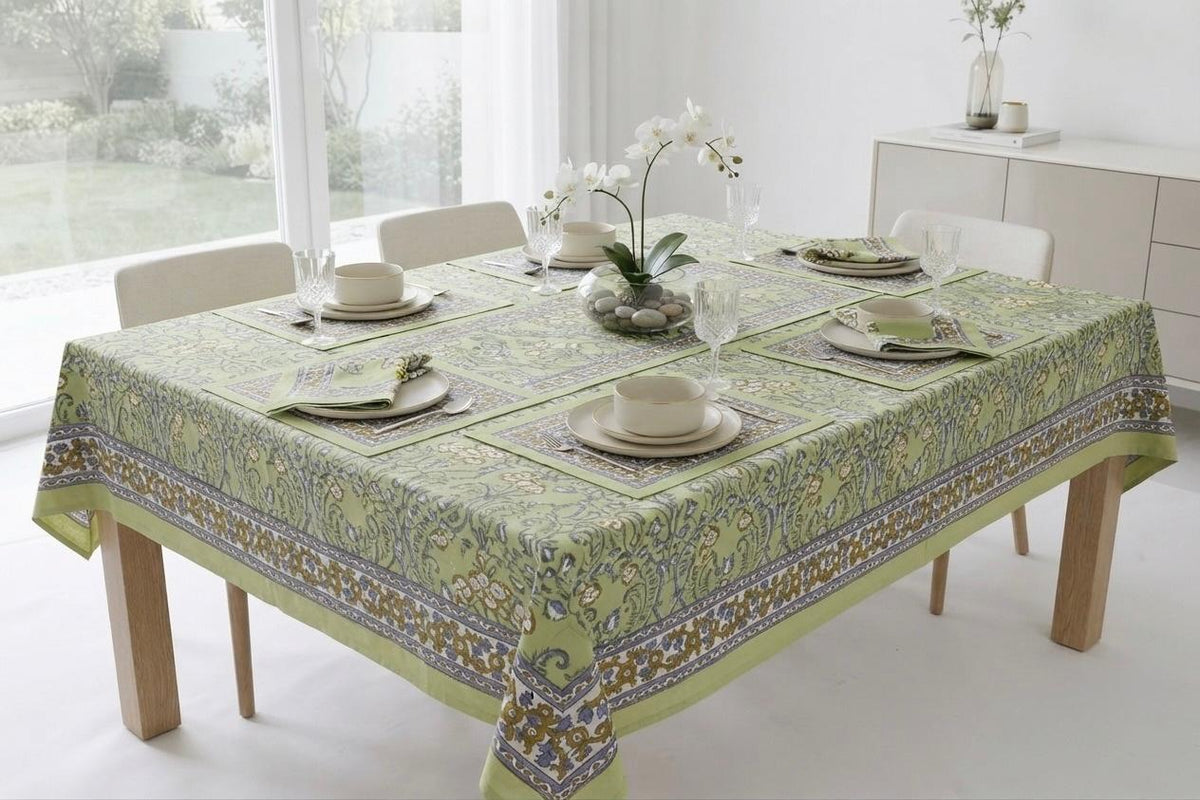 Hand Block Printed Green & Blue Table Linen Set – Table Cover, Runner, Placemats & Napkins | Tablecloth