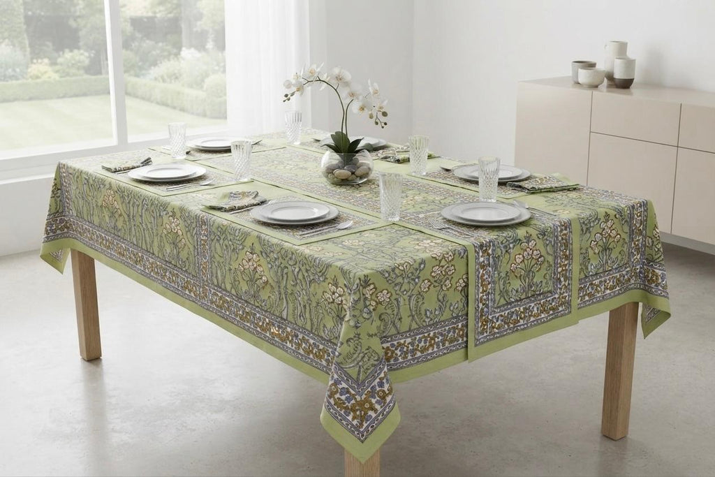 Hand Block Printed Green & Blue Table Linen Set – Table Cover, Runner, Placemats & Napkins | Tablecloth