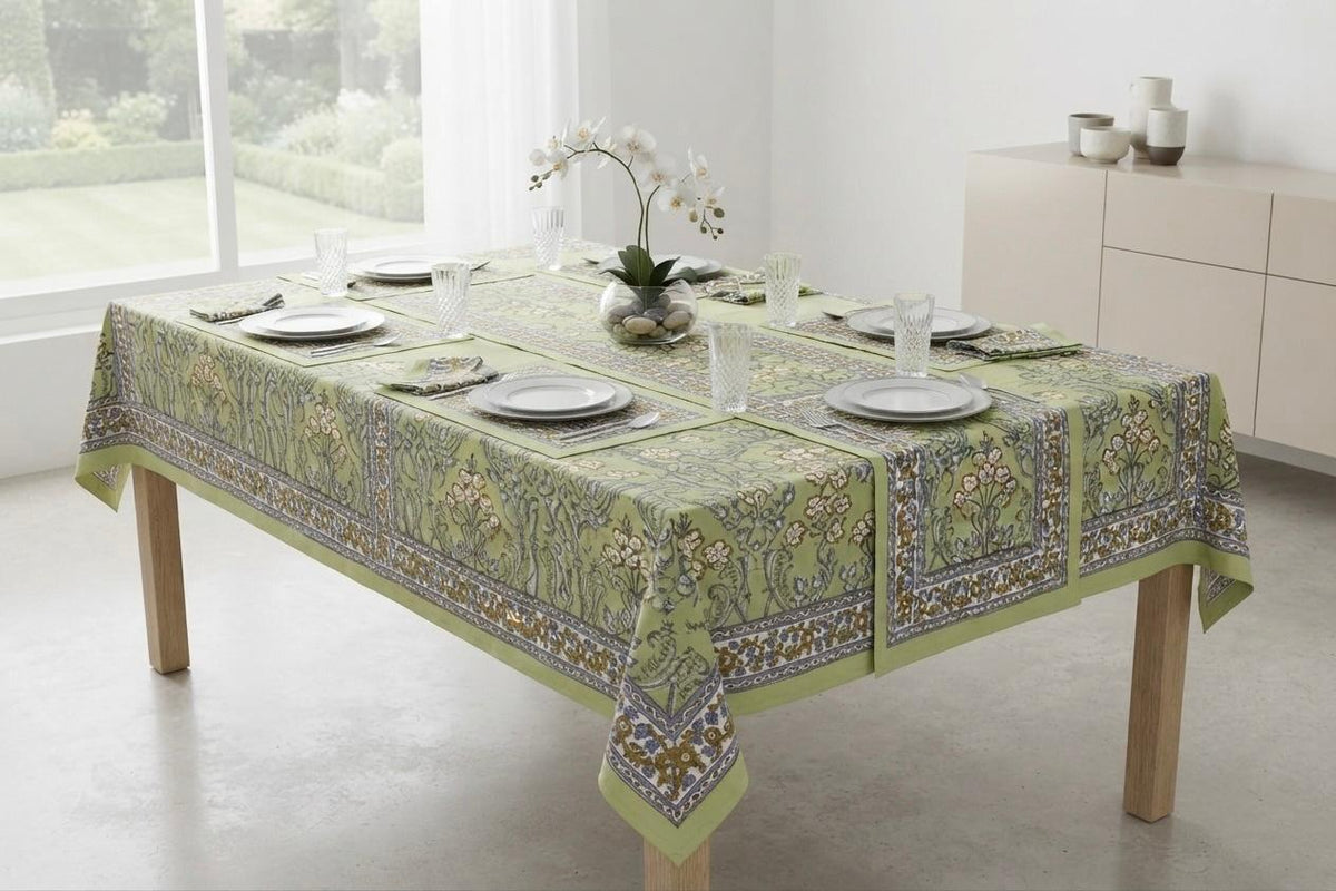 Hand Block Printed Green & Blue Table Linen Set – Table Cover, Runner, Placemats & Napkins | Tablecloth