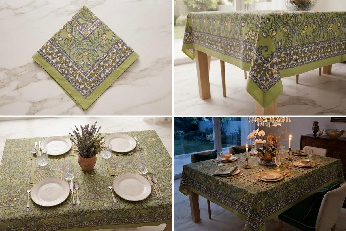 Hand Block Printed Green & Blue Table Linen Set – Table Cover, Runner, Placemats & Napkins | Tablecloth
