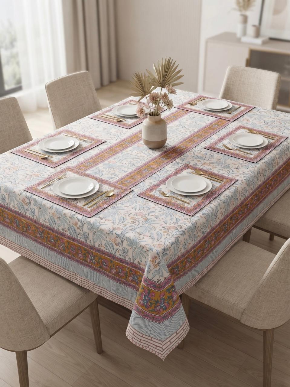 Hand Block Printed Blue & Pink Table Linen Set – Table Cover, Runner, Placemats & Napkins