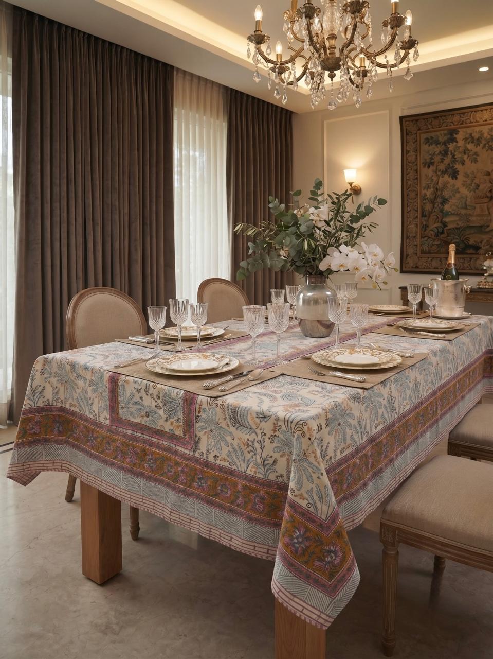 Hand Block Printed Blue & Pink Table Linen Set – Table Cover, Runner, Placemats & Napkins