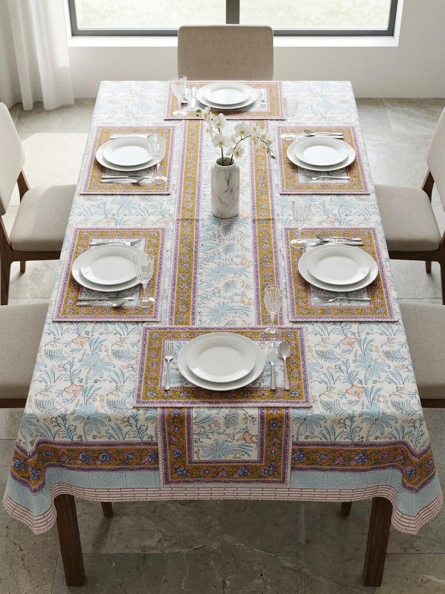 Hand Block Printed Blue & Pink Table Linen Set – Table Cover, Runner, Placemats & Napkins