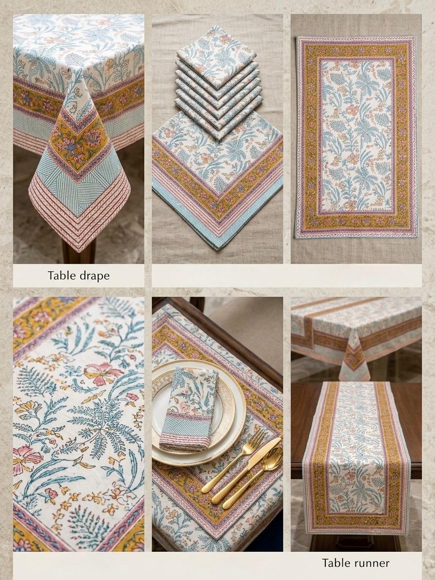 Hand Block Printed Blue & Pink Table Linen Set – Table Cover, Runner, Placemats & Napkins