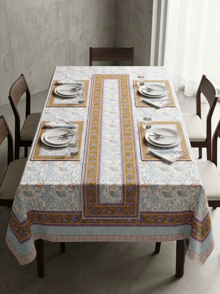 Hand Block Printed Blue & Pink Table Linen Set – Table Cover, Runner, Placemats & Napkins