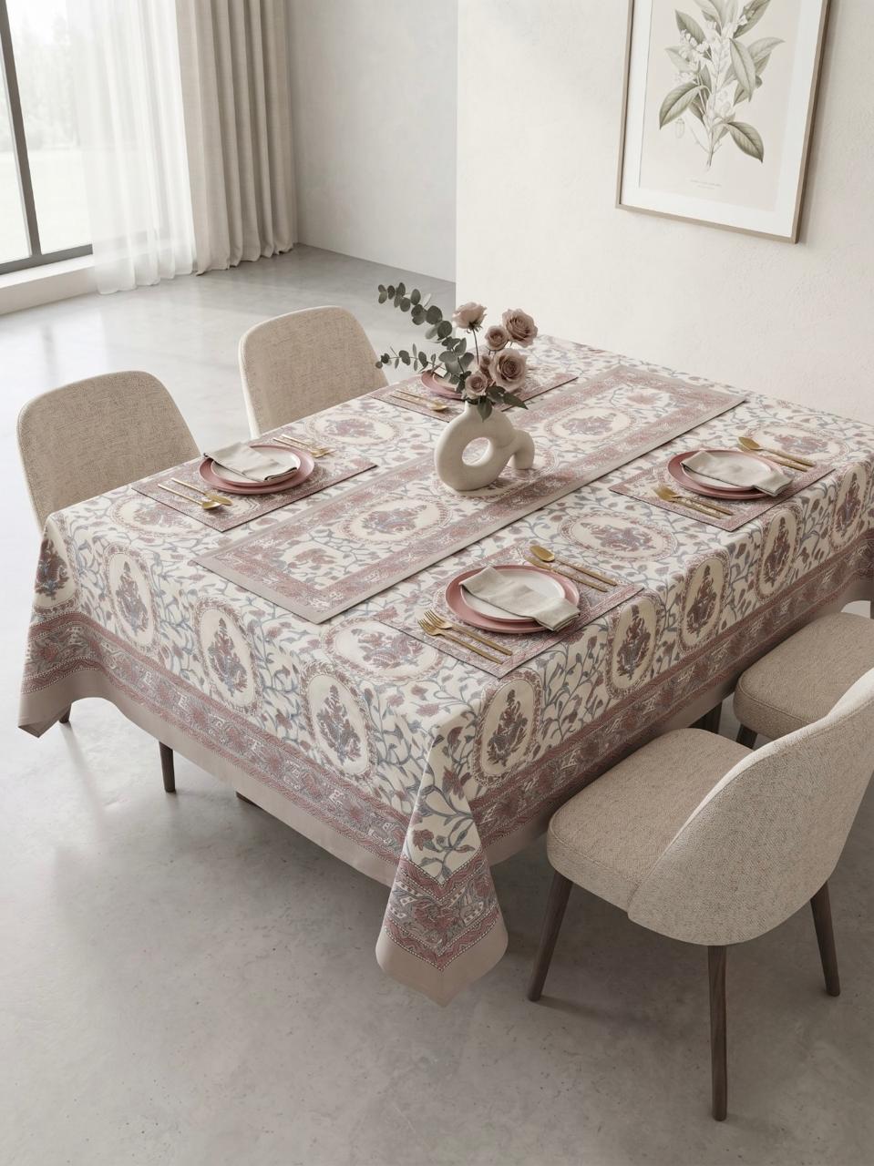Hand Block Printed Brown & White Table Linen Set – Table Cover, Runner, Placemats & Napkins | Tablecloth