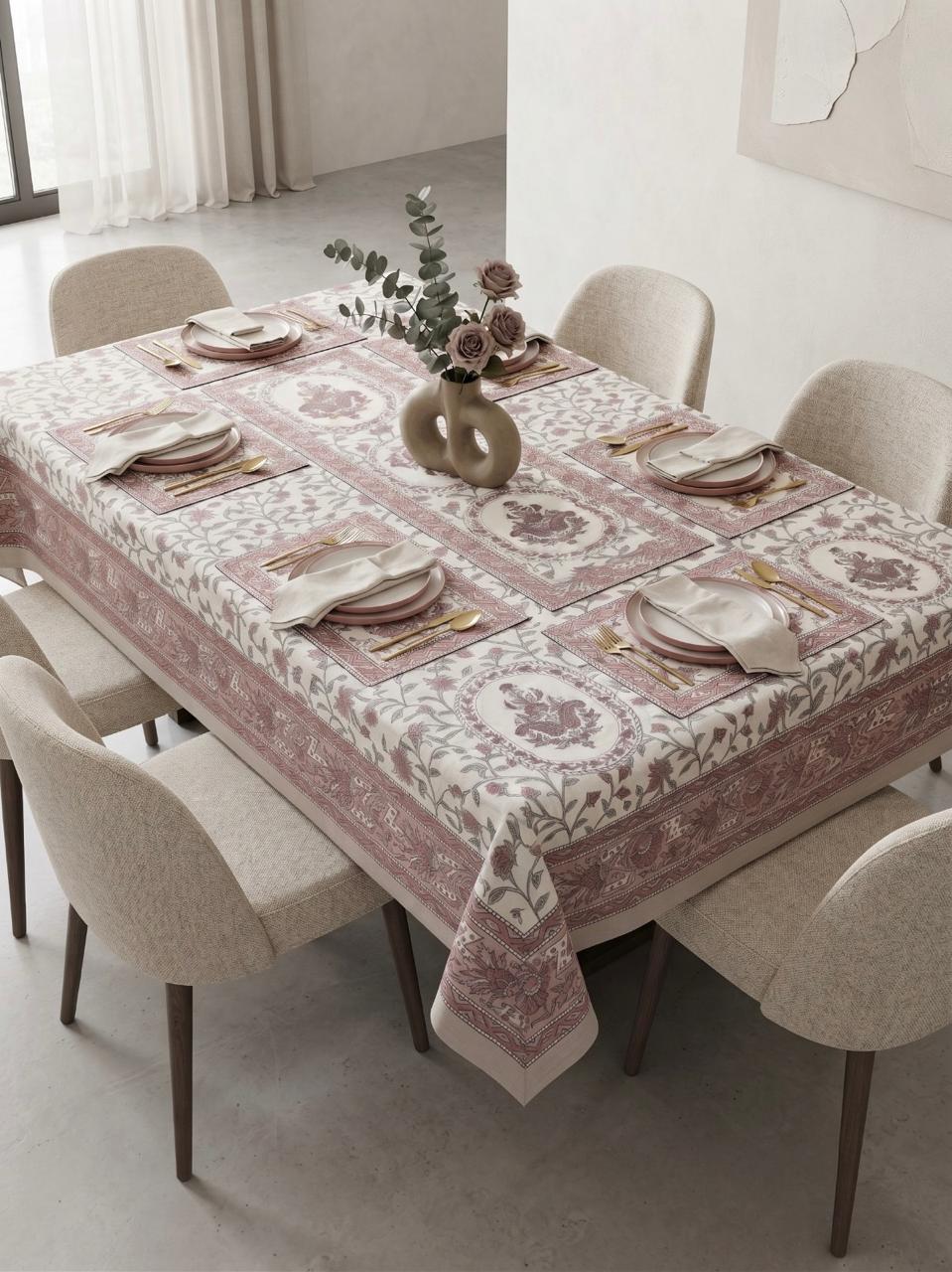 Hand Block Printed Brown & White Table Linen Set – Table Cover, Runner, Placemats & Napkins | Tablecloth