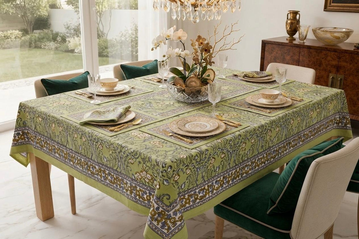 Hand Block Printed Green & Blue Table Linen Set – Table Cover, Runner, Placemats & Napkins | Tablecloth