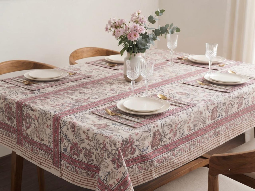 Hand Block Printed Pink & White Table Linen Set – Table Cover, Runner, Placemats & Napkins | Tablecloth