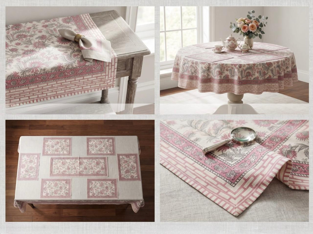 Hand Block Printed Pink & White Table Linen Set – Table Cover, Runner, Placemats & Napkins | Tablecloth