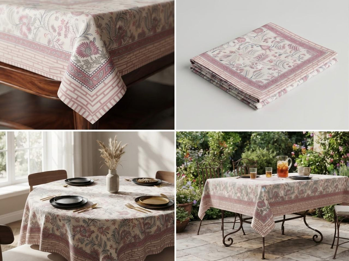 Hand Block Printed Pink & White Table Linen Set – Table Cover, Runner, Placemats & Napkins | Tablecloth