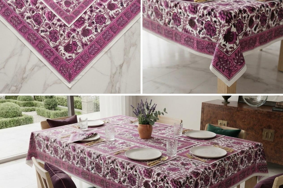 Hand Block Printed Red & Pink Table Linen Set – Table Cover, Runner, Placemats & Napkins | Tablecloth