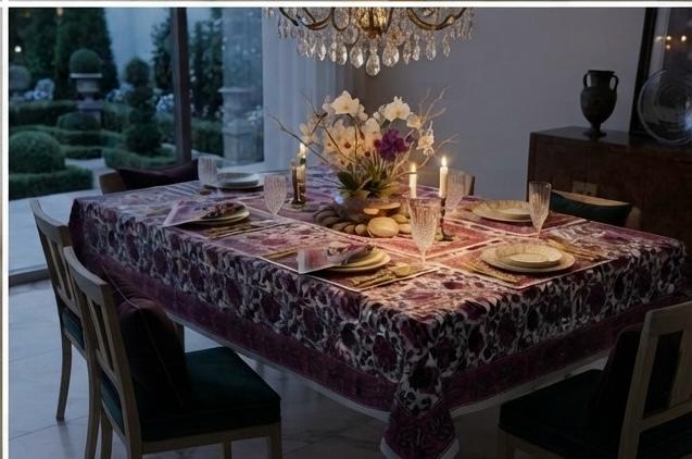 Hand Block Printed Red & Pink Table Linen Set – Table Cover, Runner, Placemats & Napkins | Tablecloth
