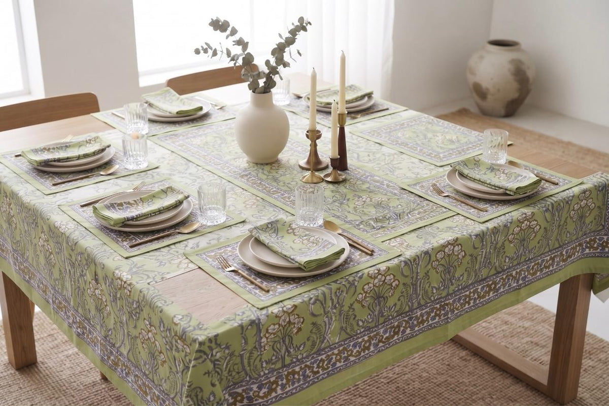 Hand Block Printed Green & Blue Table Linen Set – Table Cover, Runner, Placemats & Napkins | Tablecloth