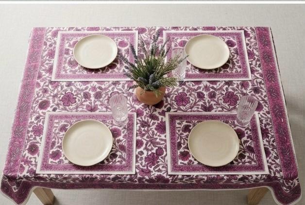 Hand Block Printed Red & Pink Table Linen Set – Table Cover, Runner, Placemats & Napkins | Tablecloth