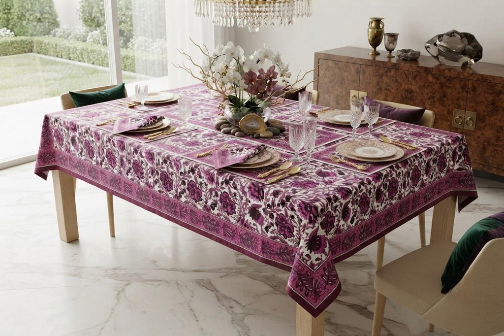 Hand Block Printed Red & Pink Table Linen Set – Table Cover, Runner, Placemats & Napkins | Tablecloth