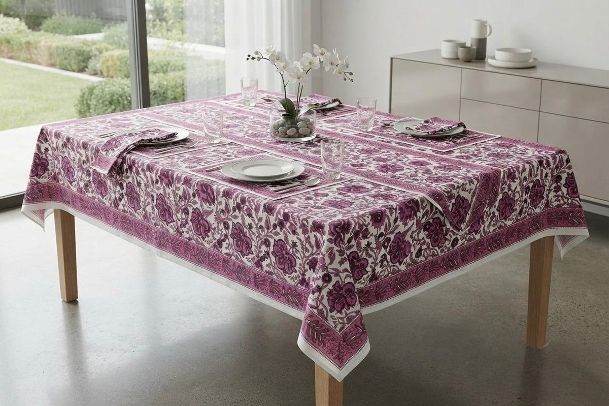 Hand Block Printed Red & Pink Table Linen Set – Table Cover, Runner, Placemats & Napkins | Tablecloth