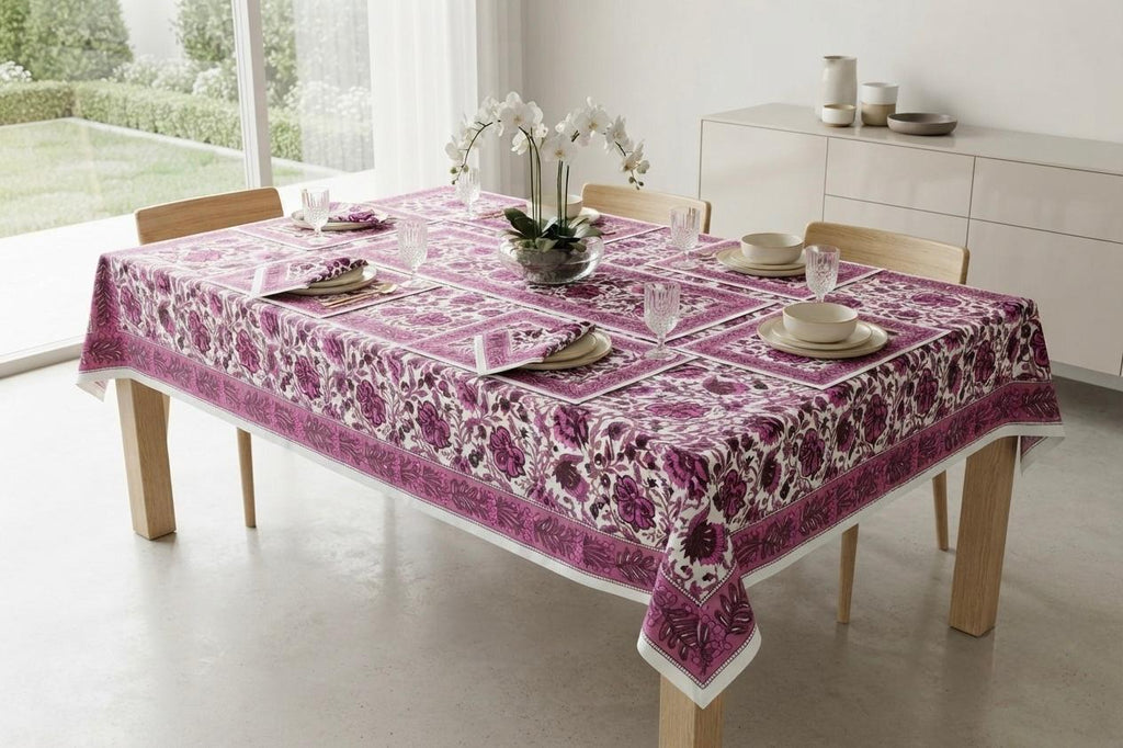 Hand Block Printed Red & Pink Table Linen Set – Table Cover, Runner, Placemats & Napkins | Tablecloth