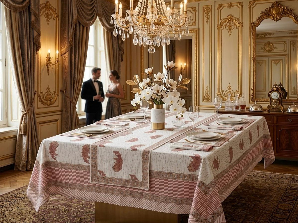 Hand Block Printed Pink & White Table Linen Set – Table Cover, Runner, Placemats & Napkins | Tablecloth