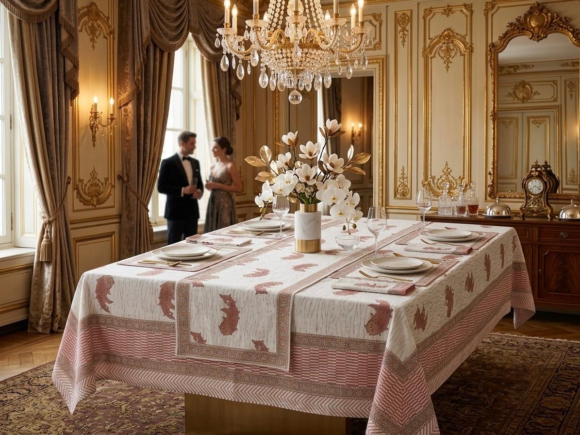 Hand Block Printed Pink & White Table Linen Set – Table Cover, Runner, Placemats & Napkins | Tablecloth