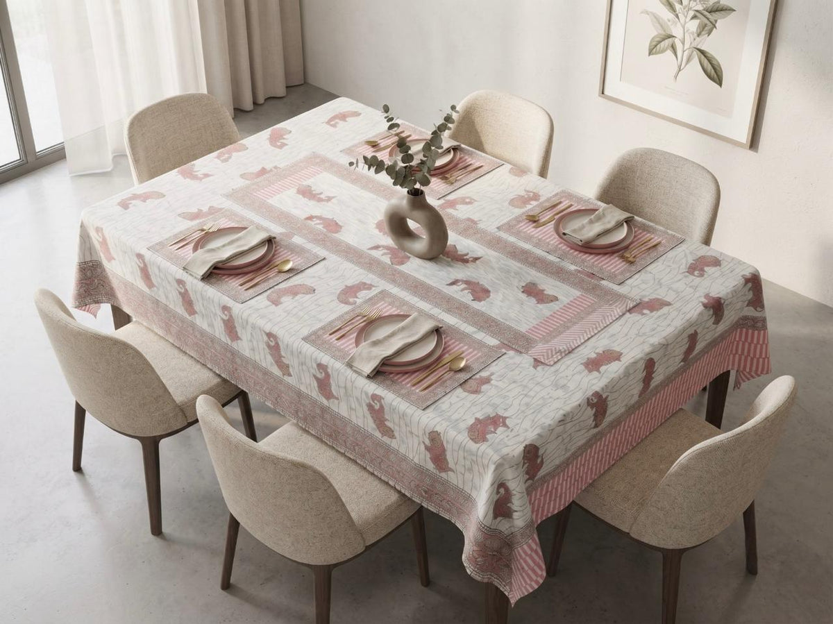 Hand Block Printed Pink & White Table Linen Set – Table Cover, Runner, Placemats & Napkins | Tablecloth