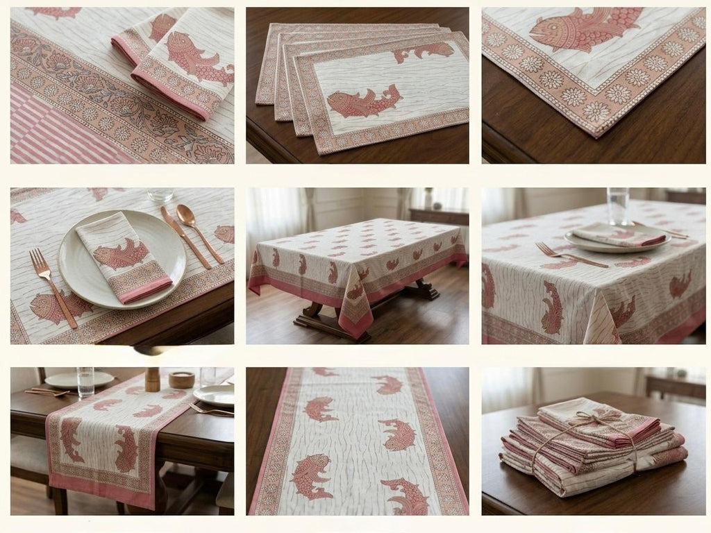 Hand Block Printed Pink & White Table Linen Set – Table Cover, Runner, Placemats & Napkins | Tablecloth