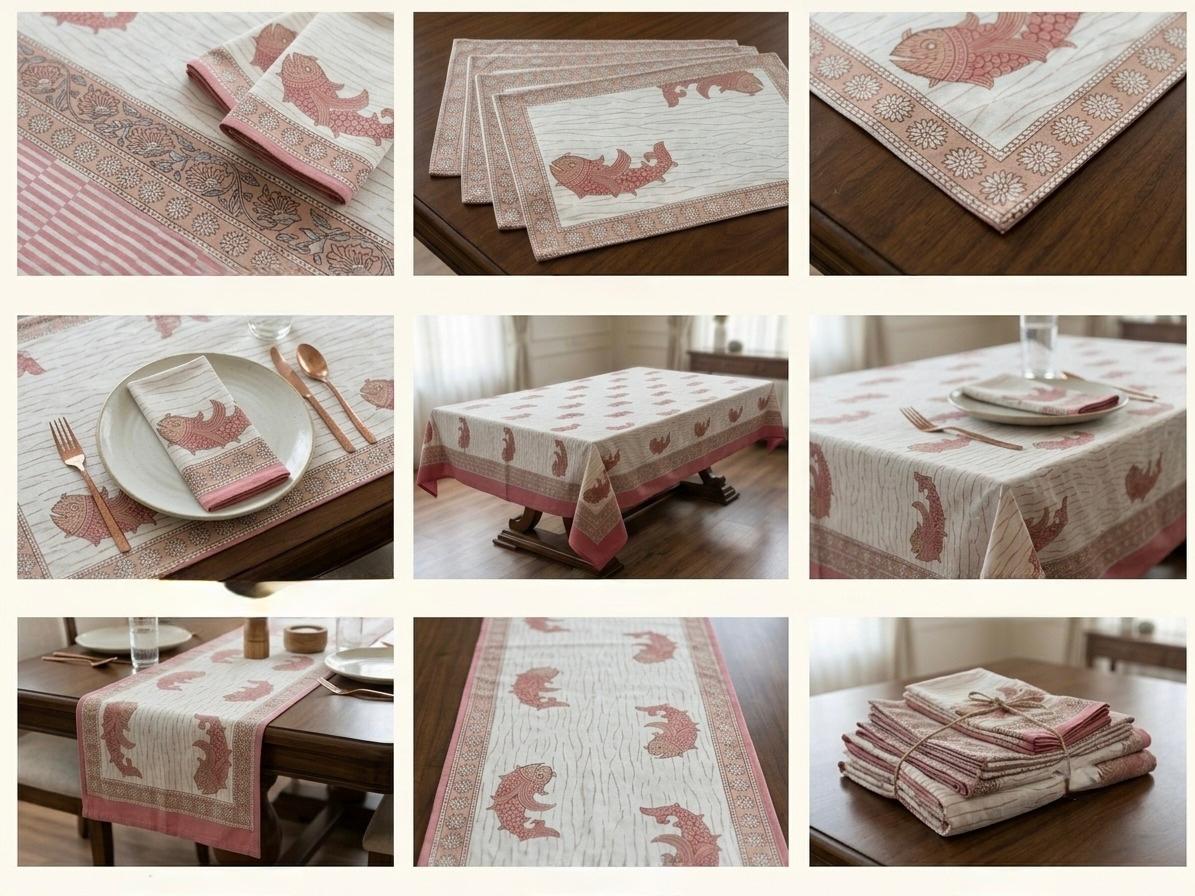 Hand Block Printed Pink & White Table Linen Set – Table Cover, Runner, Placemats & Napkins | Tablecloth