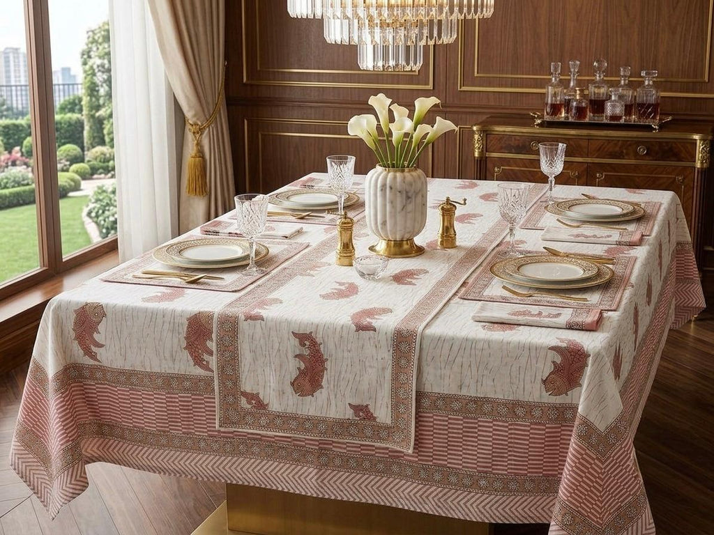Hand Block Printed Pink & White Table Linen Set – Table Cover, Runner, Placemats & Napkins | Tablecloth