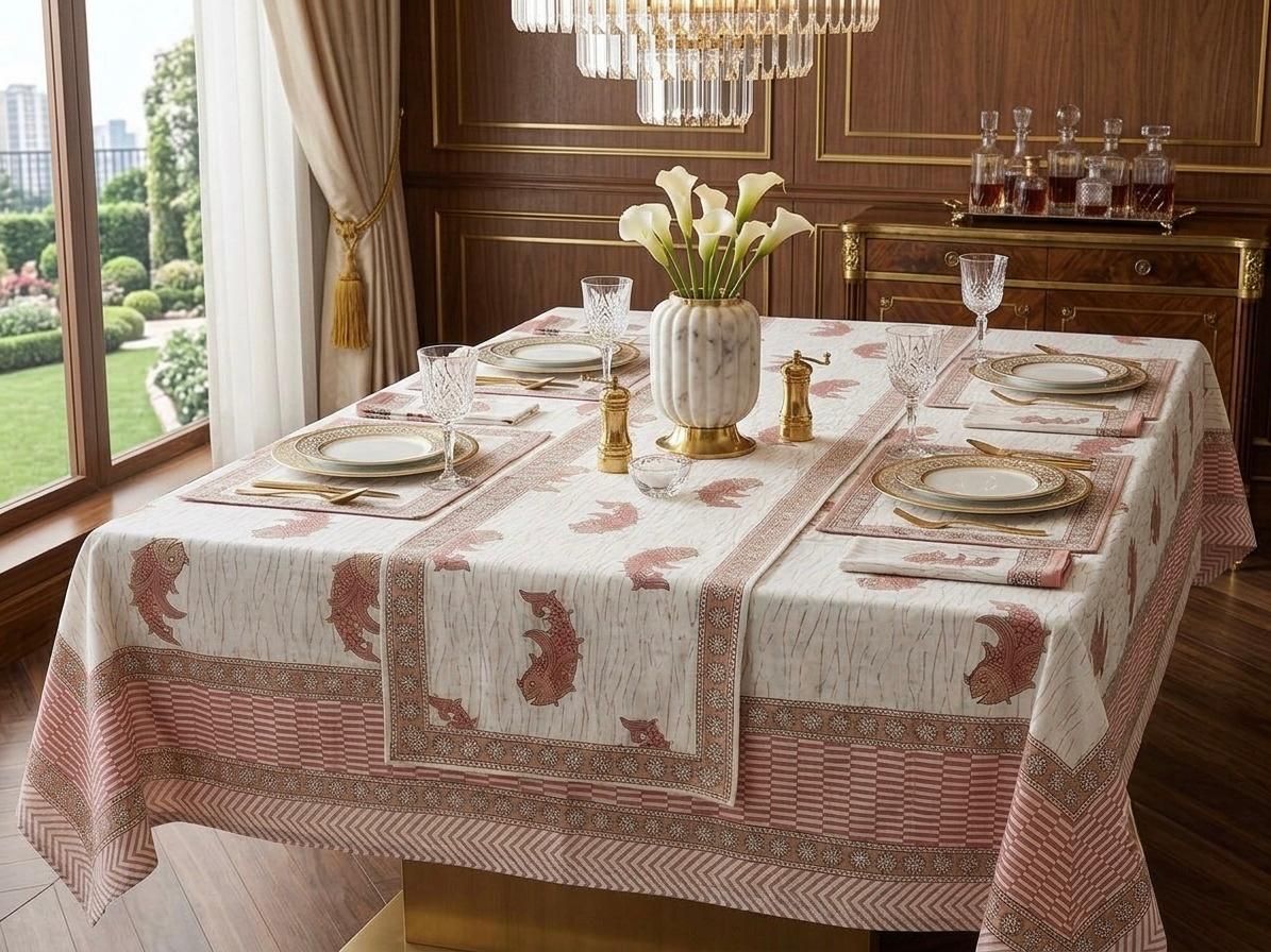 Hand Block Printed Pink & White Table Linen Set – Table Cover, Runner, Placemats & Napkins | Tablecloth