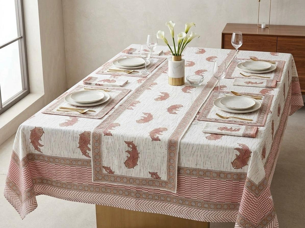 Hand Block Printed Pink & White Table Linen Set – Table Cover, Runner, Placemats & Napkins | Tablecloth
