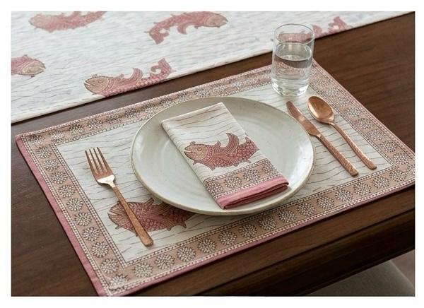 Hand Block Printed Pink & White Table Linen Set – Table Cover, Runner, Placemats & Napkins | Tablecloth