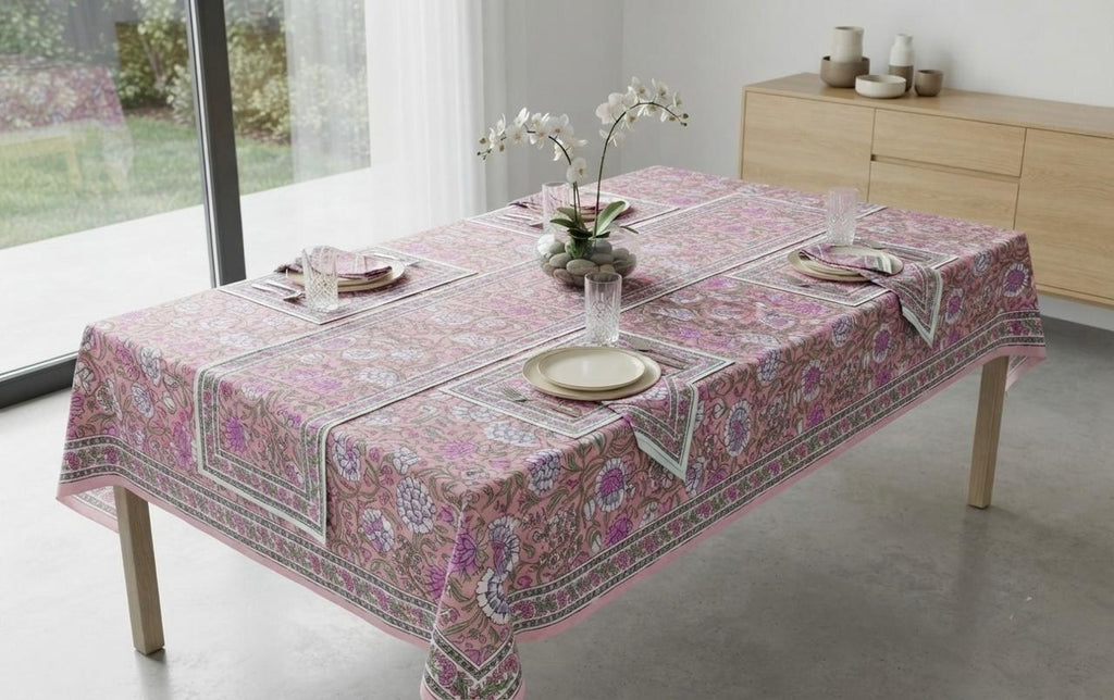 Hand Block Printed Pink & White Table Linen Set – Table Cover, Runner, Placemats & Napkins
