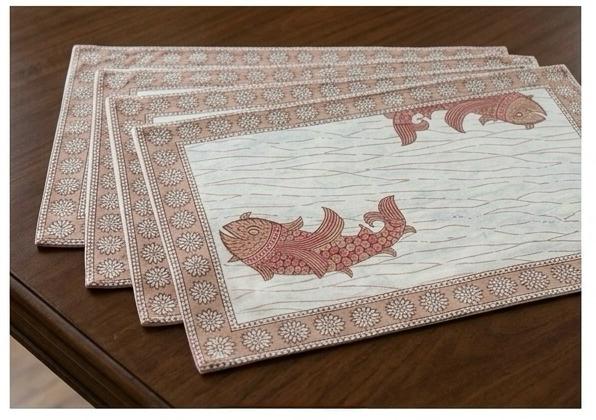 Hand Block Printed Pink & White Table Linen Set – Table Cover, Runner, Placemats & Napkins | Tablecloth