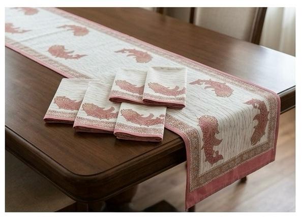 Hand Block Printed Pink & White Table Linen Set – Table Cover, Runner, Placemats & Napkins | Tablecloth