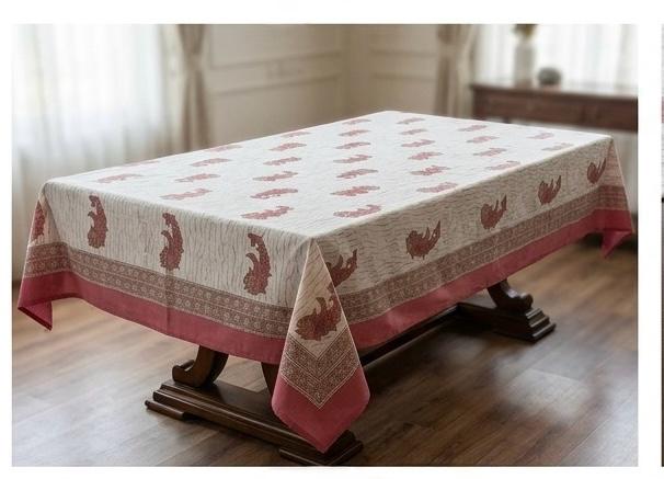 Hand Block Printed Pink & White Table Linen Set – Table Cover, Runner, Placemats & Napkins | Tablecloth