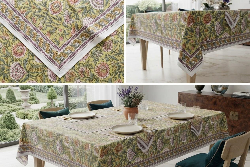 Hand Block Printed Green & Yellow Table Linen Set – Table Cover, Runner, Placemats & Napkins | Tablecloth