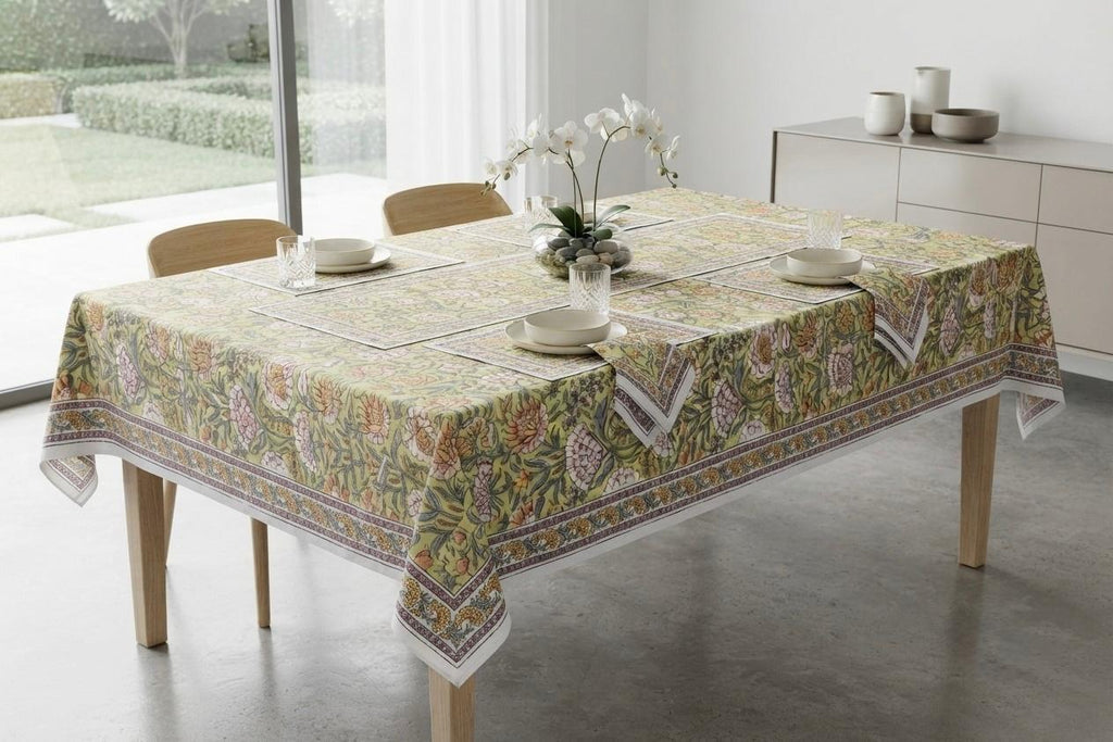 Hand Block Printed Green & Yellow Table Linen Set – Table Cover, Runner, Placemats & Napkins | Tablecloth