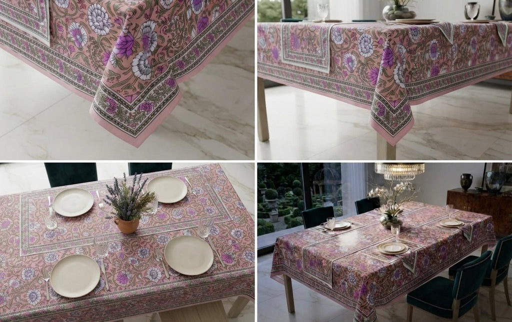 Hand Block Printed Pink & White Table Linen Set – Table Cover, Runner, Placemats & Napkins