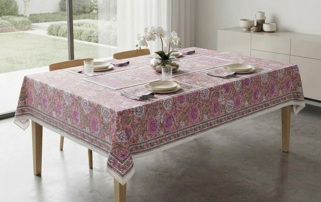 Hand Block Printed Pink & White Table Linen Set – Table Cover, Runner, Placemats & Napkins